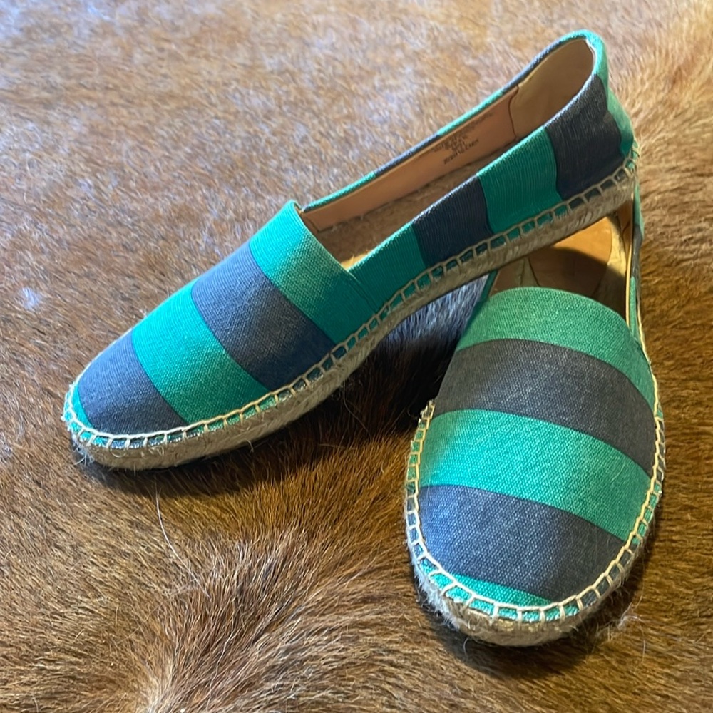 J. Crew Striped Green and Gray Espadrilles
